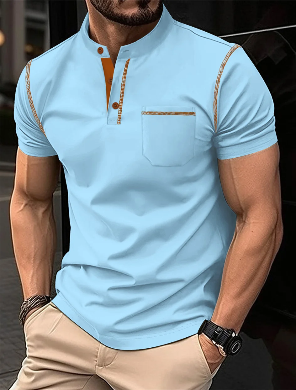 Summer Men's New Solid Color Short-Sleeved POLO Shirt Spliced Horizontal Chest Pocket Design Fashion High Quality Men's Wear