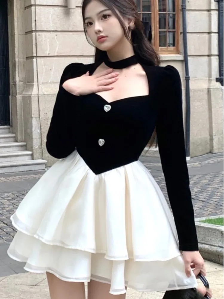 Y2K Mini Princess Dress Women Velvet Patchwork Layered Ruffles A-Line Autumn Spring Elegant Vintage Evening Party Vestidos Mujer