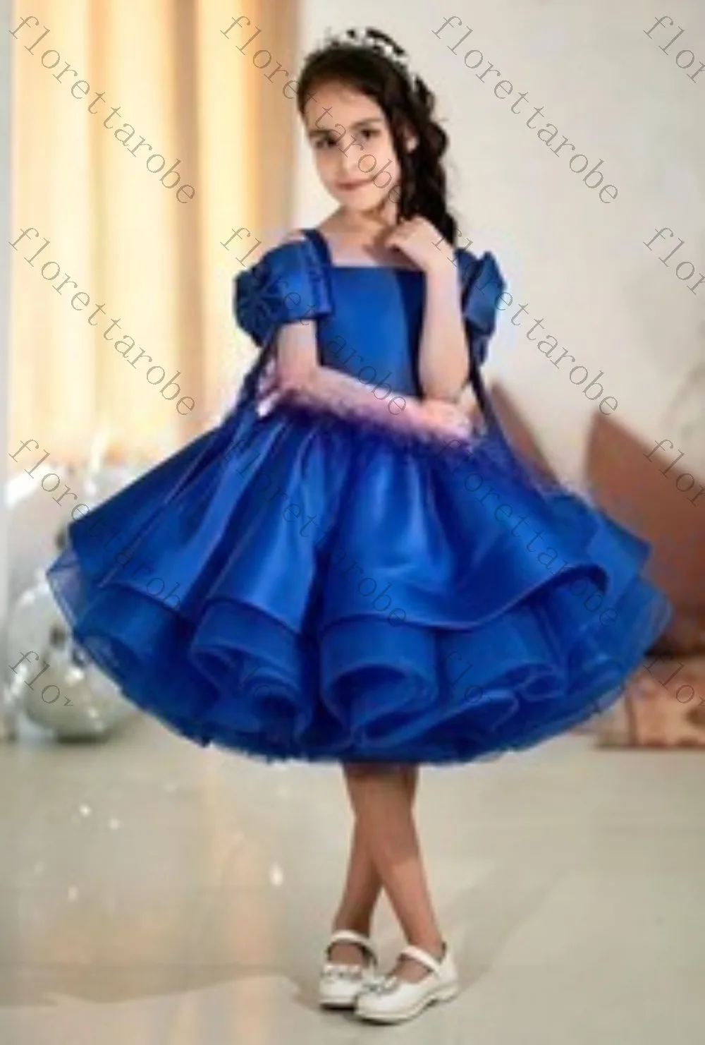 Customized Royal Blue Satin Kids Short Ball Gown Square Neck Off Shoulder Puff Sleeve Multi Layer Ruffle Wedding Birthday Party