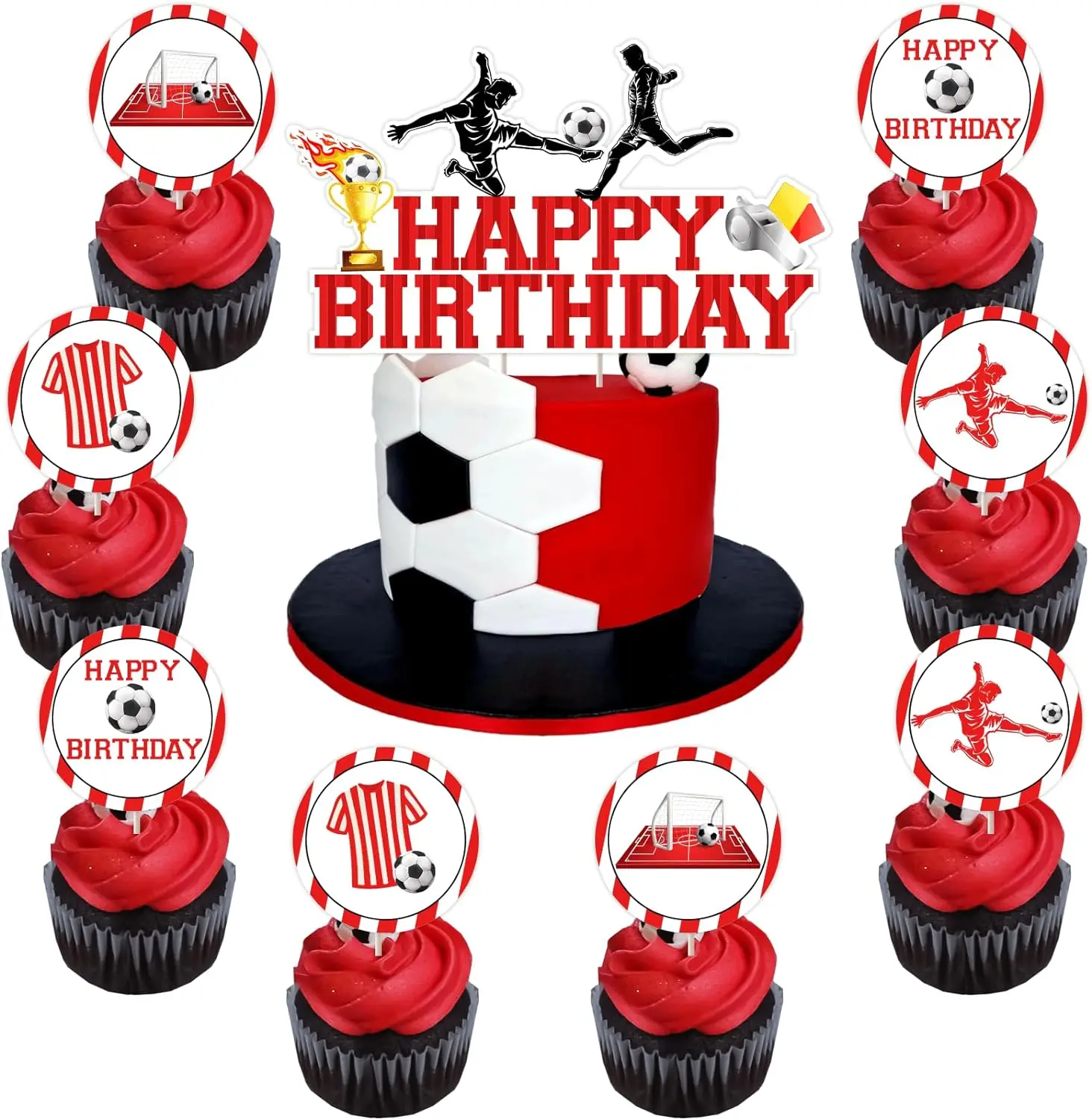 Football Birthday Cake Topper Decor 12pcs Double-sided Football Player Cupcake Toppers for Boys Girls Men Sports Theme Birthday