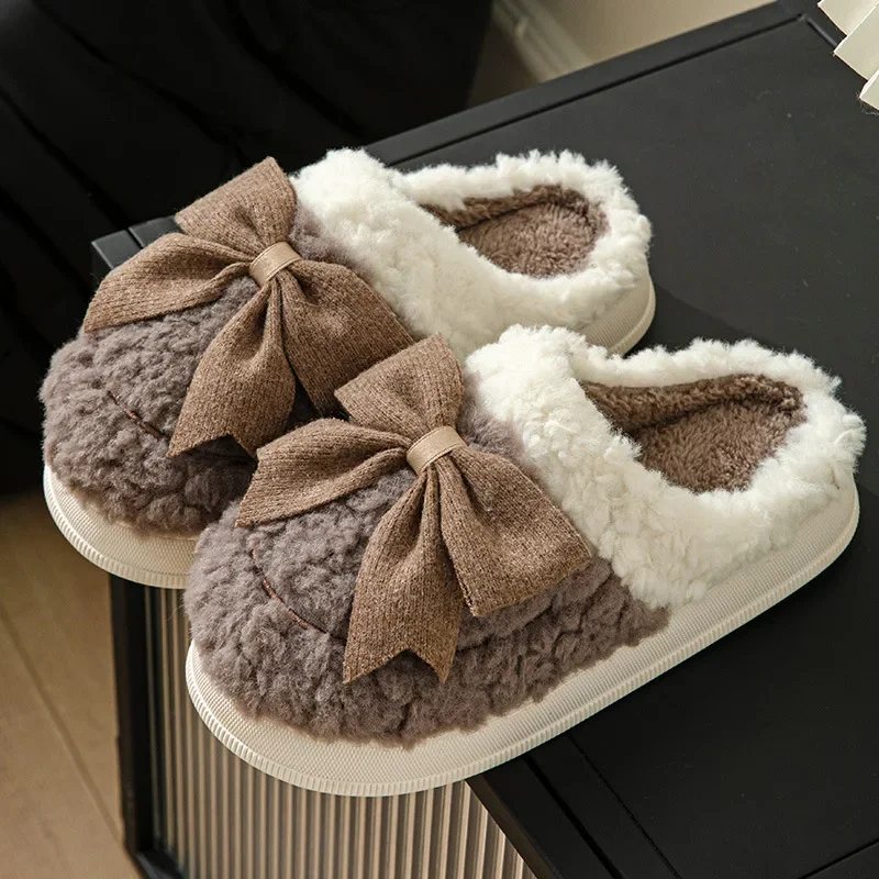 Lace Bowknot Faux Fur Slippers for Women Sweet Winter Soft Plush Home Slippers Woman New 2023 Non-Slip Warm Indoor Cotton Slides