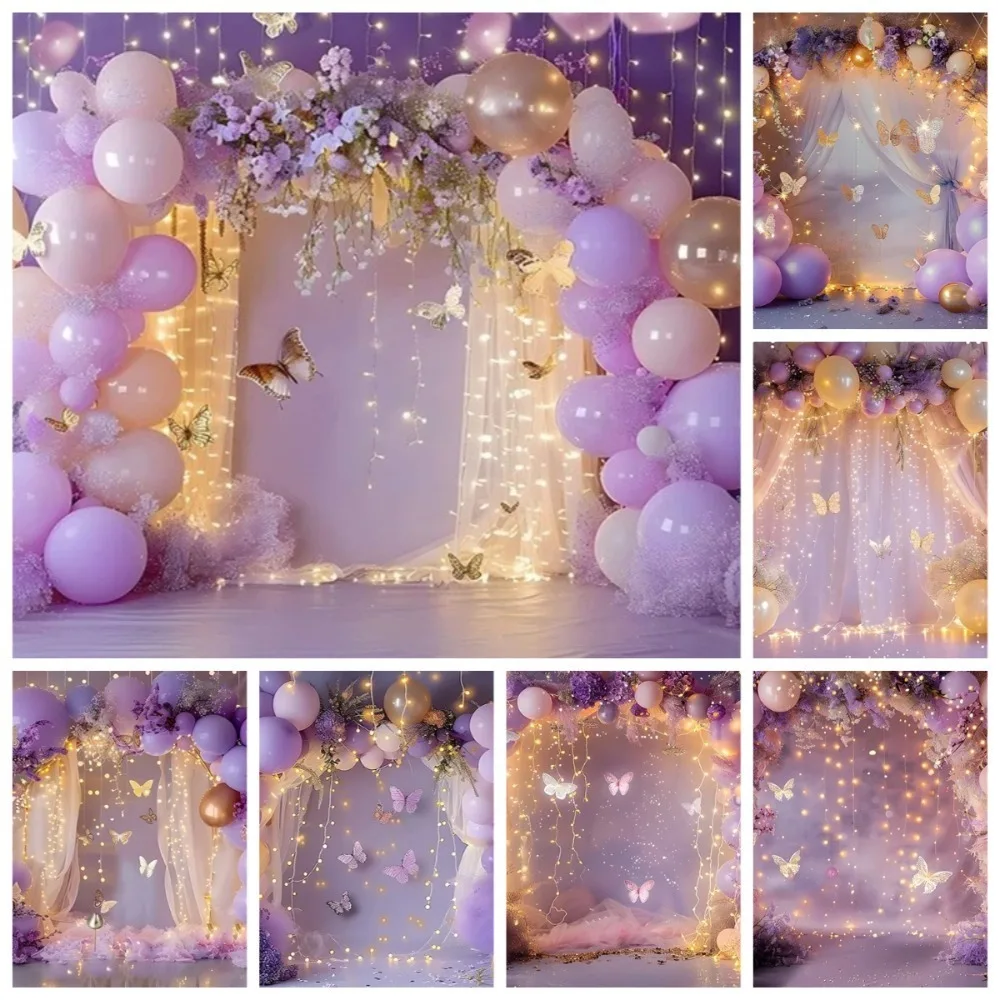 

Butterfly Purple Balloon Arch Theme Banner Background, Children's Adult Birthday Party Decoration Photography Studio Background