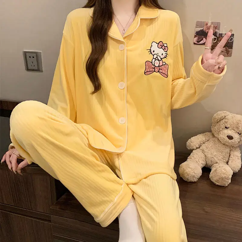 

Hot Hello Kitty Yellow Pajama Set Women's Button-Down Sleepwear Cute Cartoon Anime Cotton Loungewear Two-Piece Warm Nightwear