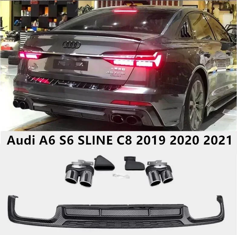 

ABS Rear Bumper Lip Spoiler Trunk Diffuser Cover Exhaust Tips Body Kit For Audi A6 S6 SLINE C8 2019 2020 2021 2022