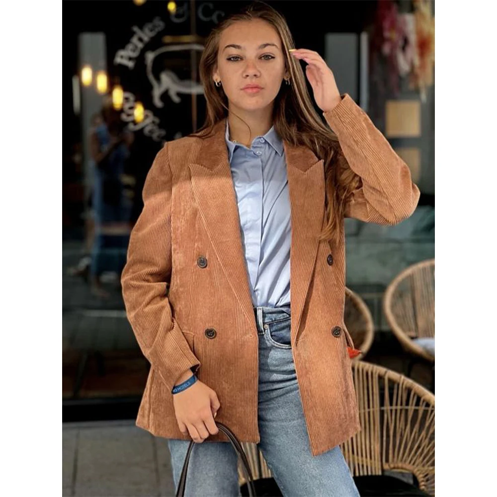 Casual Women's Suit Jacket Corduroy Luxury Clothes Women Blazers 2023 Double Breasted Peaked Lapel Fall Short Coat Outerwear