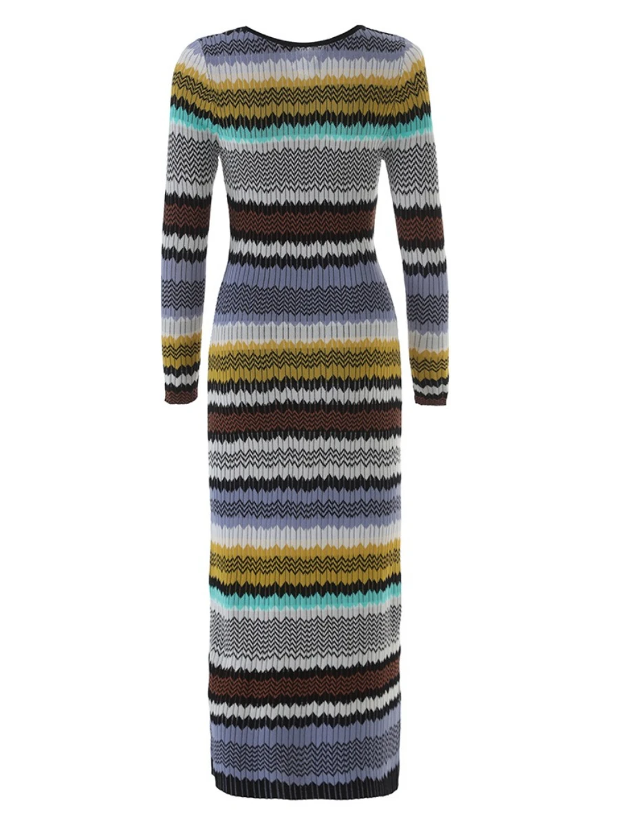 CHICEVER Hit Color Spliced Striped Dress Female O Neck Long Sleeve Slimming Gentle Intellectual Women's Dresses Autumn Fashion