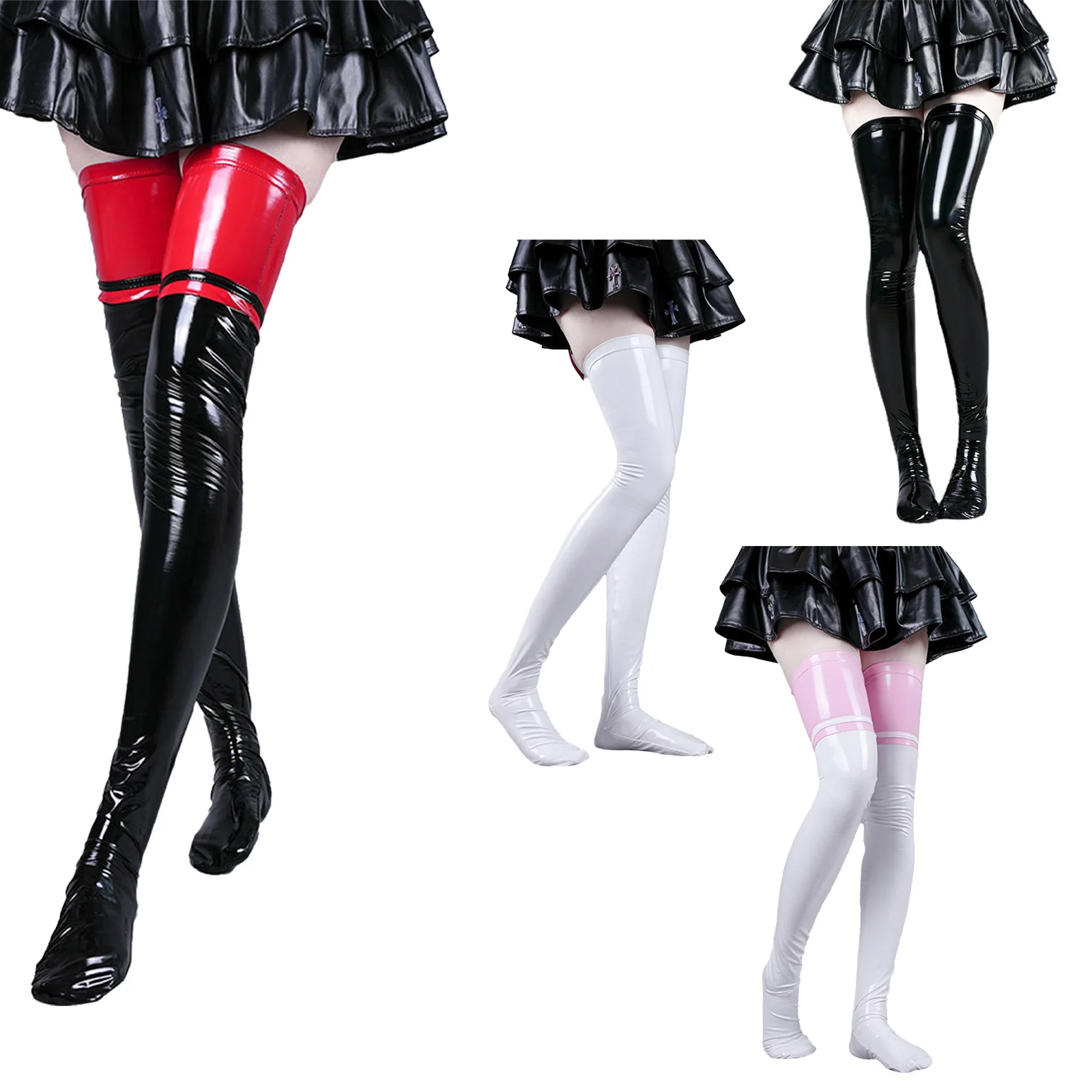 Women\'s Sexy Patent Stockings Leather Wetlook Hold-Up Stockings Thighs Latex Long Socks Overknee Socks Cosplay Skirt Accessories