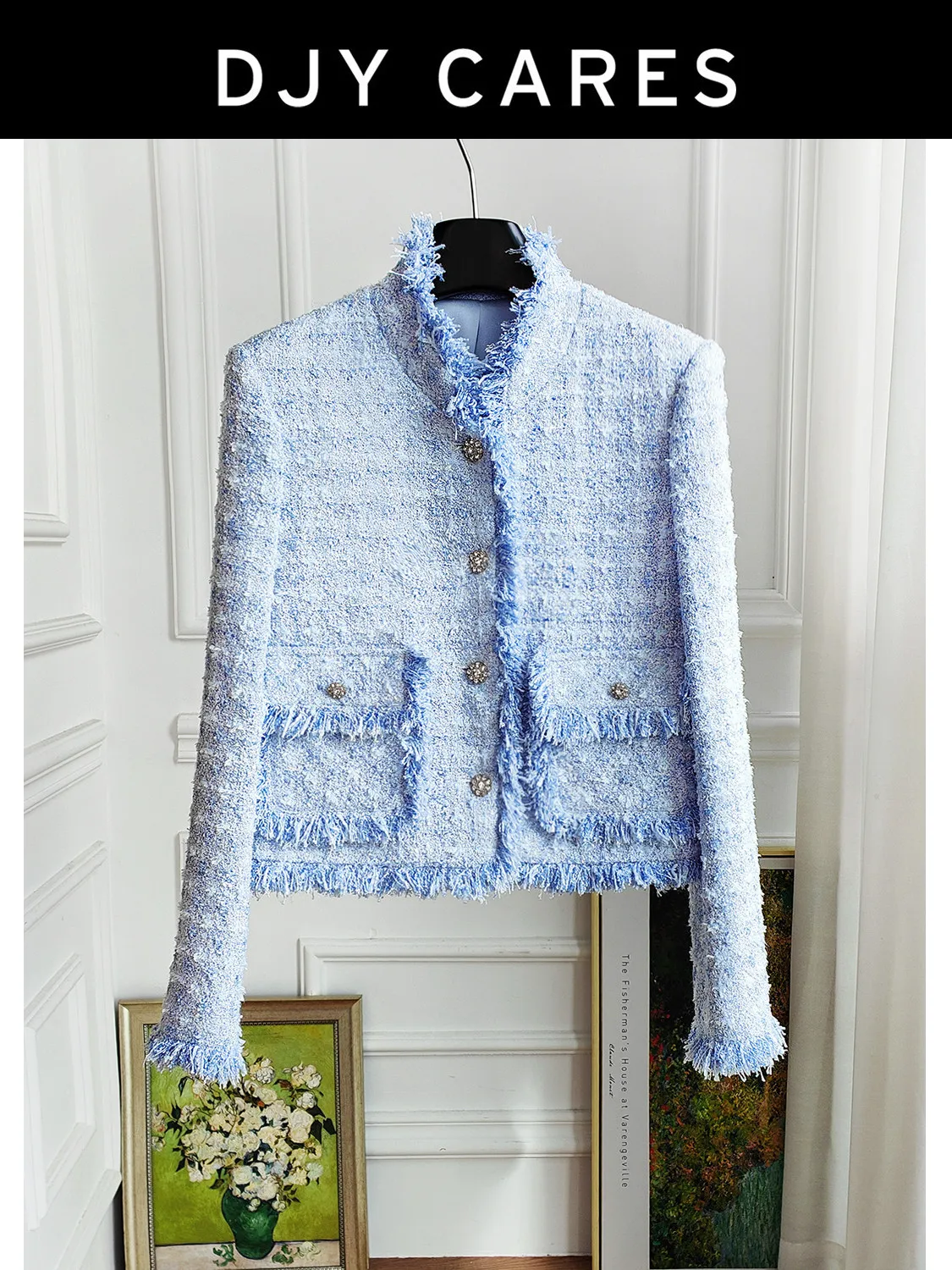 

New Fashionable blue floral coat with exquisite tassel top big size