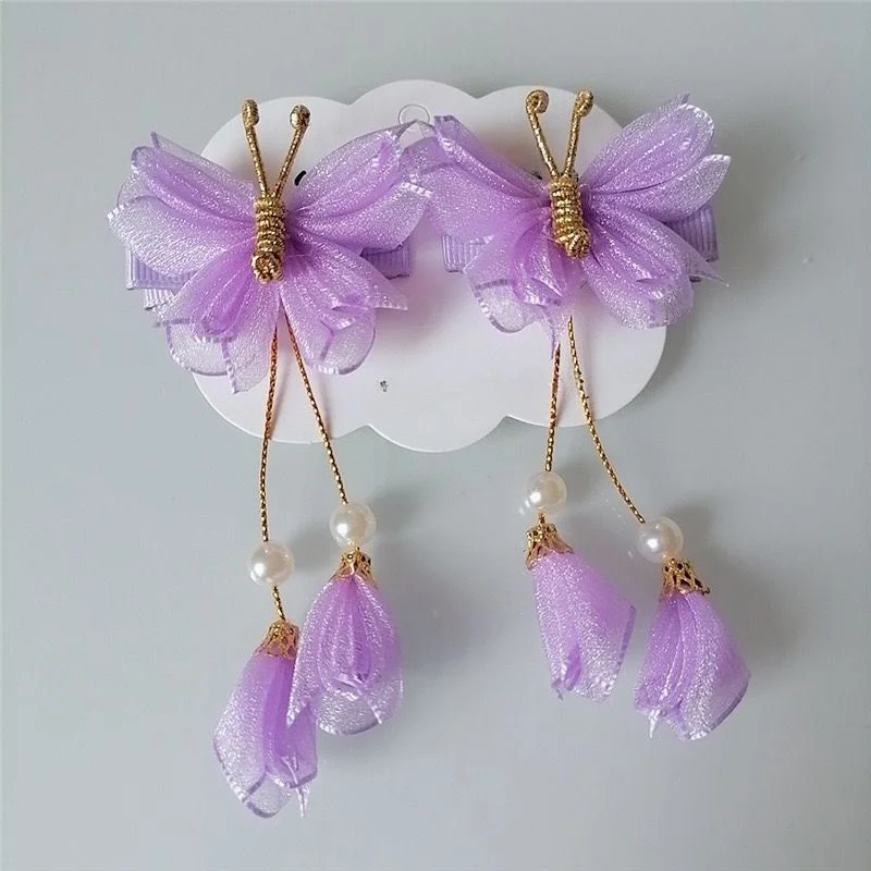 دبوس شعر للأطفال على شكل فراشة دبوس شعر شيفون لؤلؤي بتلات شرابة دبوس شعر للفتيات إكسسوارات شعر للفتيات #3