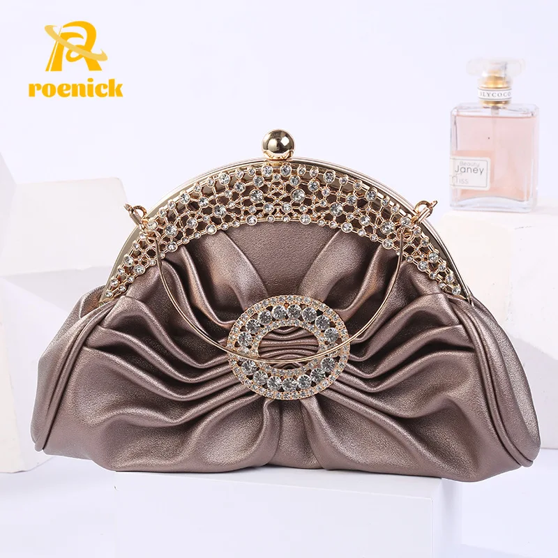 ROENICK 2022 Trendy Fan-shaped Diamond-studded Evening Bags Retro Brown Banquet Party Clutch with Handle Shoulder Handbags Purse