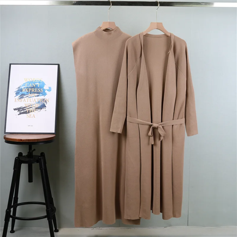 Women Knitted Suits Long Sleeve Cardigan Knit Long Coat And Sleeveless Long Dress 2 Piece Female Autumn Knitted Sweater Set