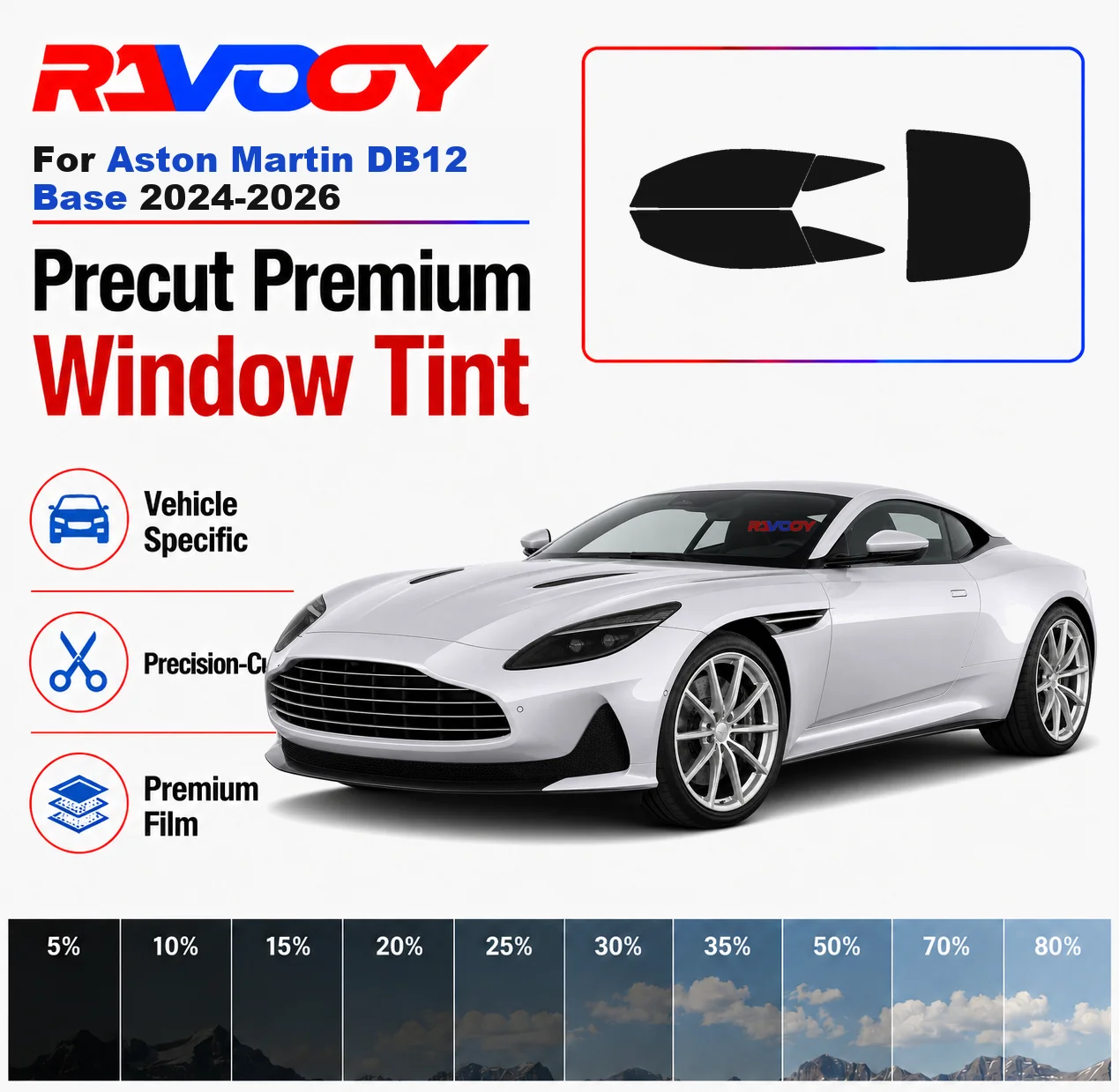 

Premium Precut Window Tint Kit Front Windows Rear Windows Rear Windshield For Aston Martin DB12 Base 2024-2026 Nano Ceramic Film