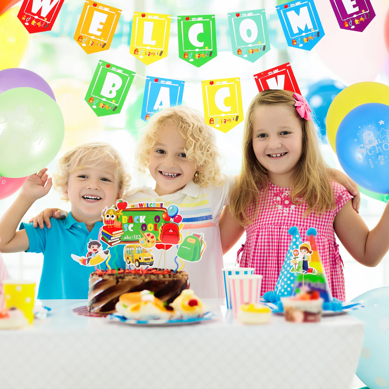 

1Set Back to School Balloon Set Simple Party Decorations Banner Cupcake Toppers Welcome Back Party Supplies