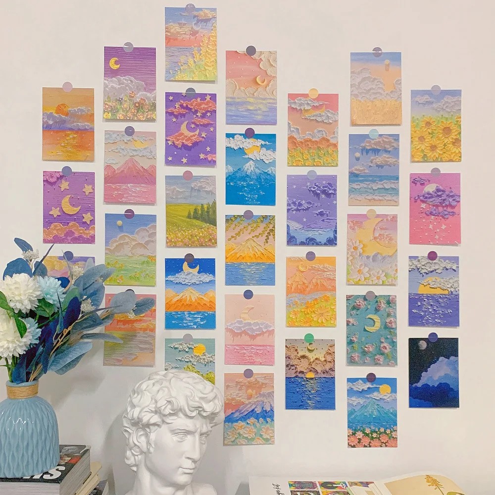 30 Pcs Oil Painting Landscape Wall Collage Kit INS Style Background Stickers Posters Greeting Cards Art Decor Set