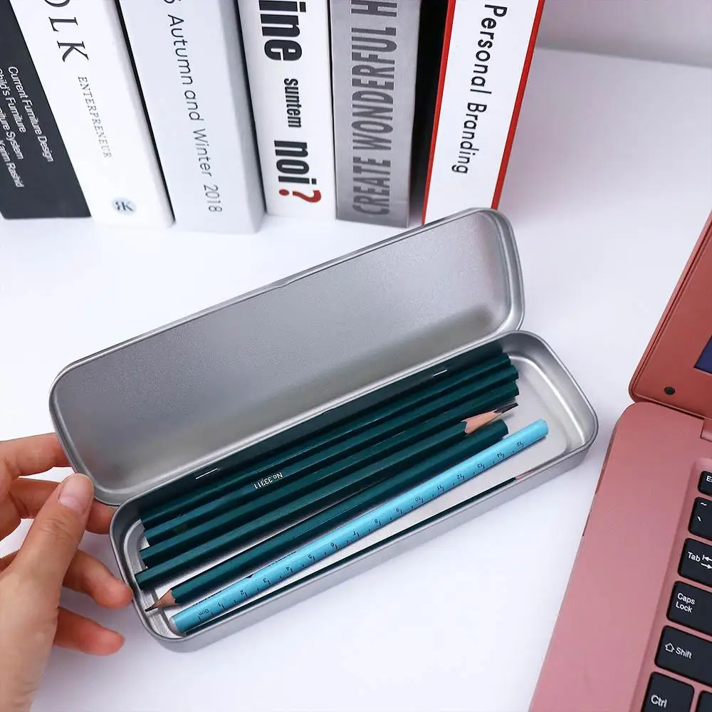 School Supplies Simple Single Layer Silver Student Metal Pencil Storage Box Stationery Box Pencil Case Pencil Box