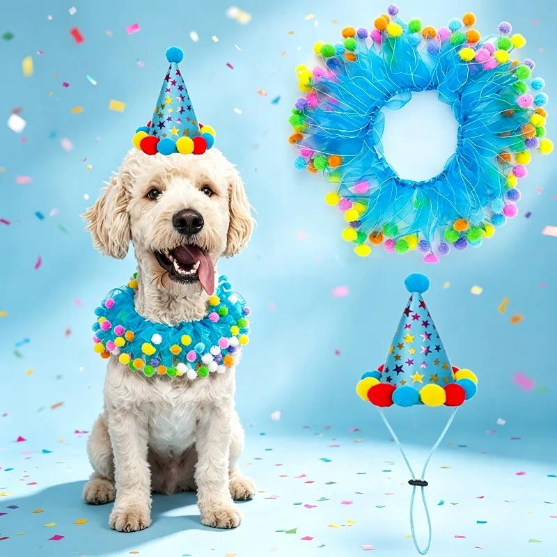 Tulle Skirt and Pompom Hat Pet Collar Set 2-Piece for Dog Cat Halloween Christmas Party Dress Up