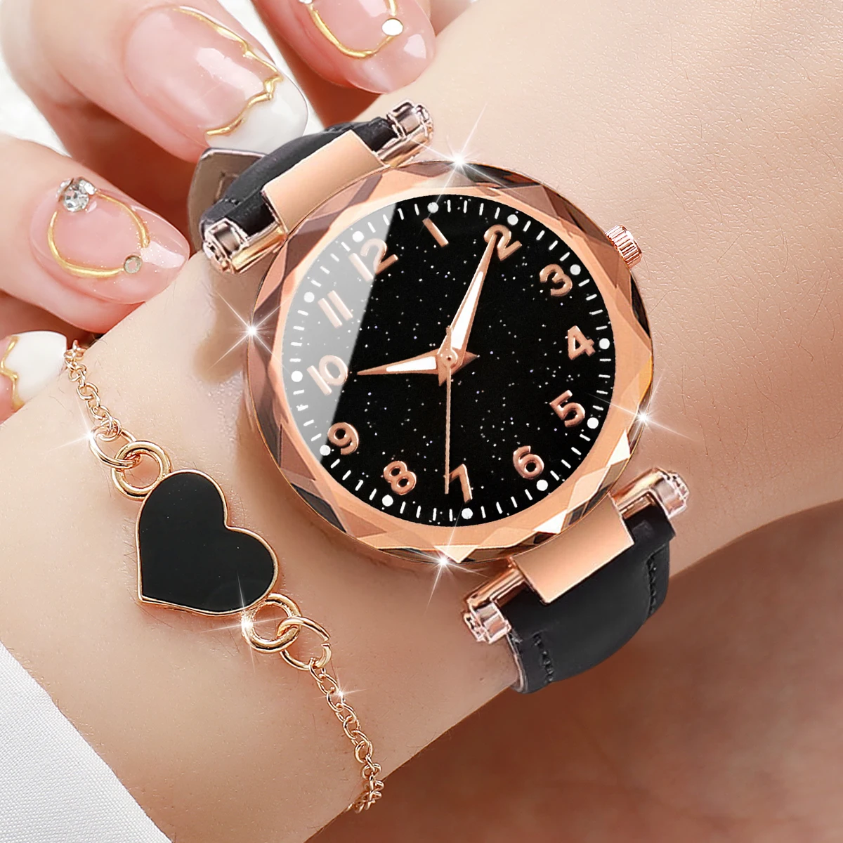 2PCS/Set Fashion Starry Sky Dial Women Watch Leather Band Quartz Watches Heart Bracelet Set