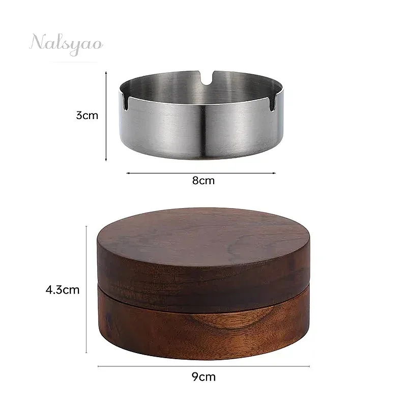 Creative Desktop Ashtray Stainless Steel Windproof Smoking Tray with Lid Walnut Wood Office Home Decoration