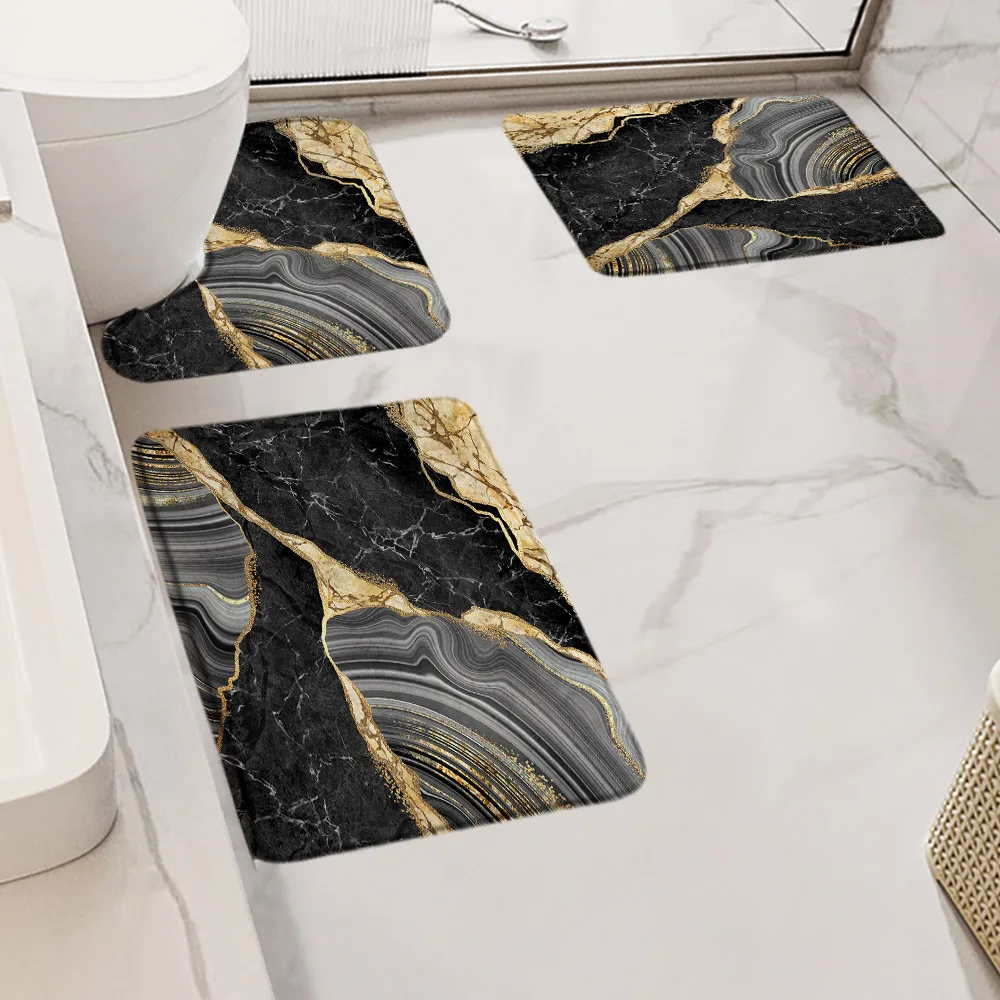 Abstract Grey Marble Bath Mat Set Gold Textured Pattern Modern Home Floor Carpet Bathroom Decorative Anti Slip Rugs U-Shape Mats