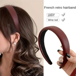 Korean New Leather Pattern Headband Wine Red Niche Retro Textured  Sponge High Skull Top hairhoop Hair Accessories