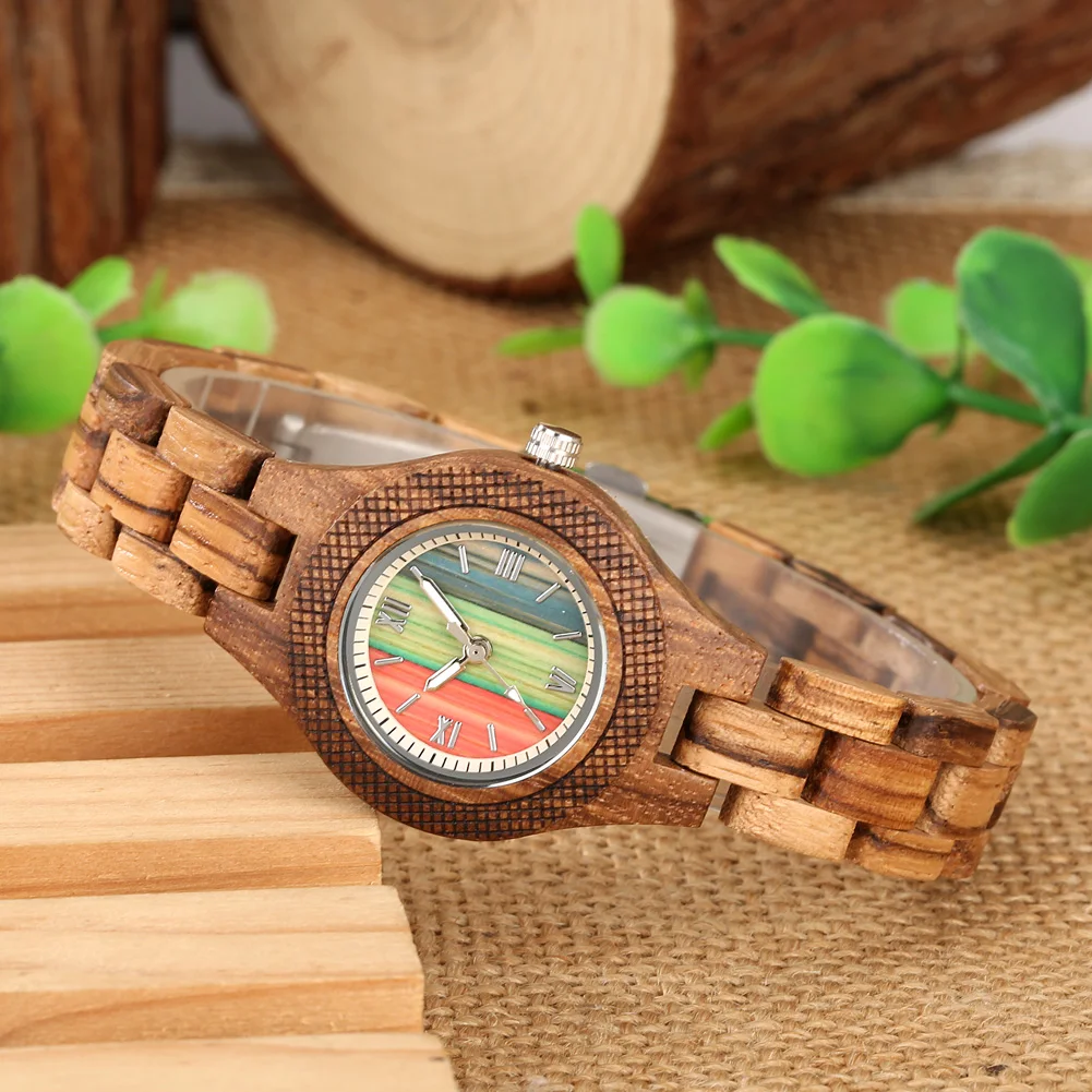 Trendy Tiny Round Dial Quartz Watch for Women Vintage Zebrawood Band Bracelet Ladies Wristwatch Exquisite Female Timepiece Gifts