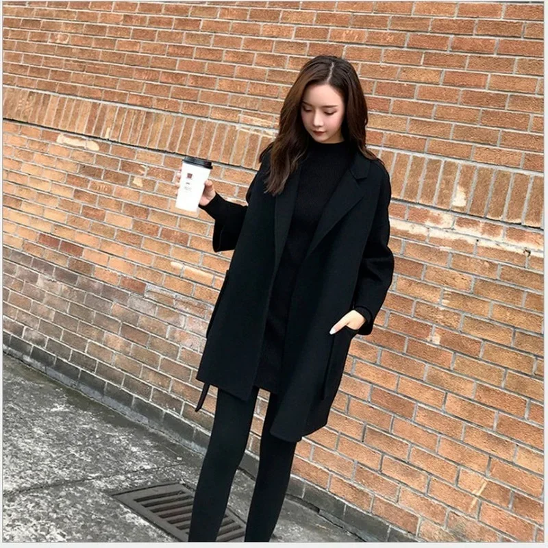 Black Thick Plush Blends Coats Women Elegant Solid Colors Long Outwears with Bandage Casual Commute 2024 Autumn Winter Outwears