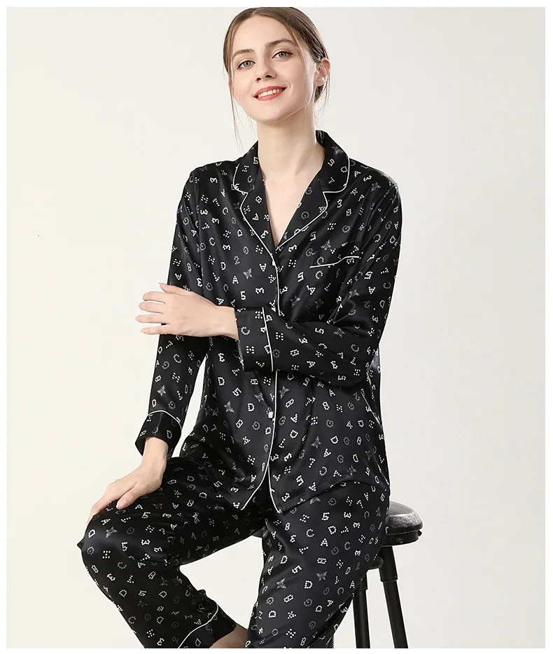 Printed 19MM 100 Silk Women Pajamas Set Sleepwear 2pcs Button Down Top and Pants Nightwear PJ Women's Loungewear Pajama Homewear