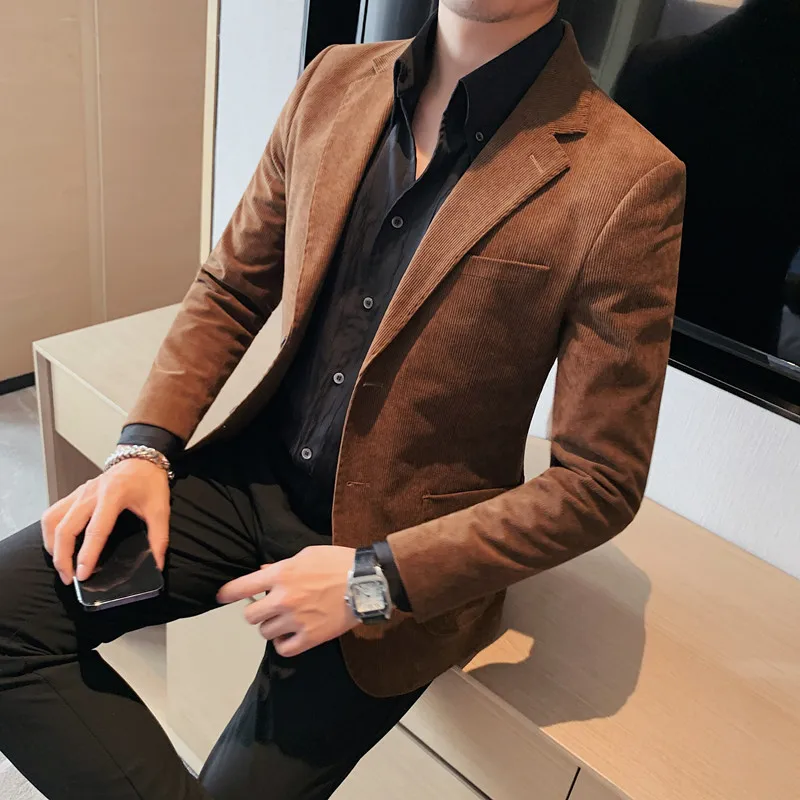 2023 Fashion Men's Corduroy Blazers Top Quality Business Casual Suit Jackets Slim Fit Wedding Groom Streetwear Social Dress Coat