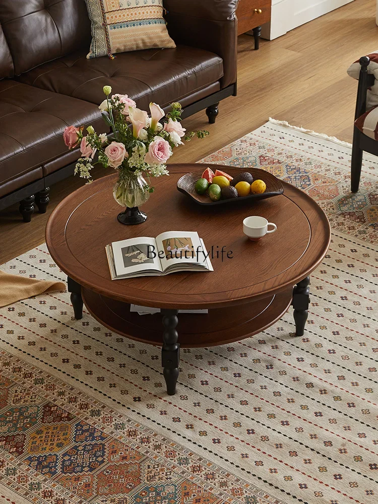 

ls 42French retro solid wood round coffee table household living room round coffee table