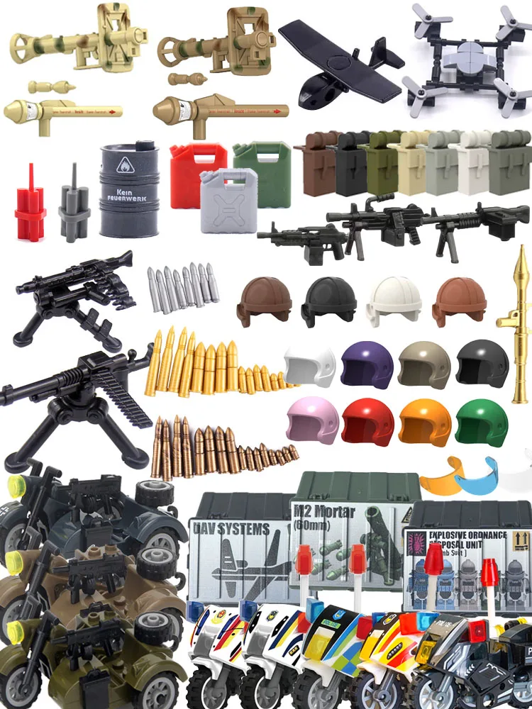 Figurine de soldat de scène militaire, Blocs de construction Waffen, Casque de moto, Drones, Mitrailleuses lourdes, Canon à pistolets à projectiles RPG, Sac à dos, Jouet en briques