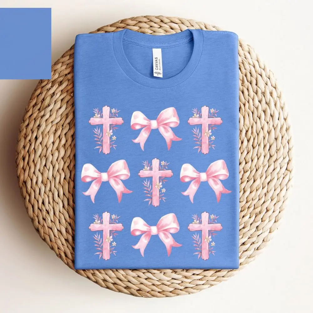 Cross Coquette Bows T Shirt Christian Shirt Gift for Women Pink Bow Shirt Christian Woman Tee Coquette Aesthetic Tops Clothes