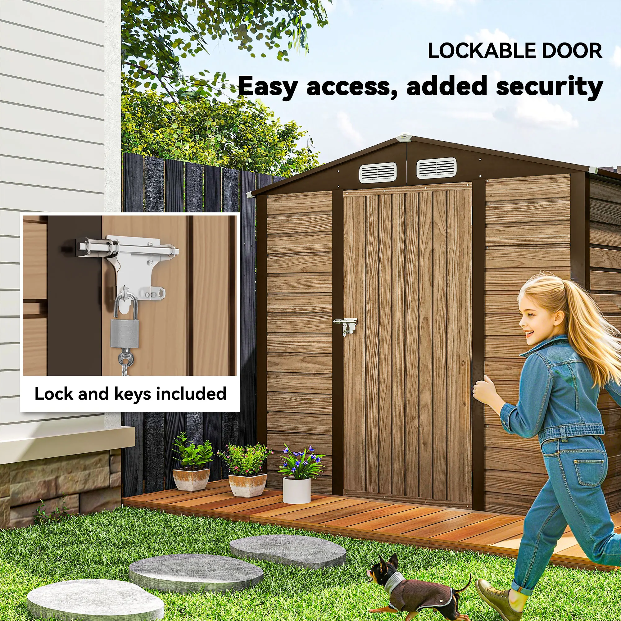 6.2 X 4.3ft Garden Metal Shed with Ventilation Slots for Garden, Patio, Oak