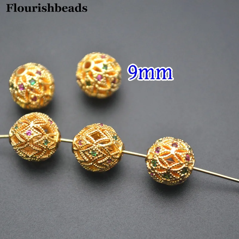 10pc Anti-rust 18k Gold Plated CZ Paved Hollow Out Metal Brass Round Jewelry Making Beads