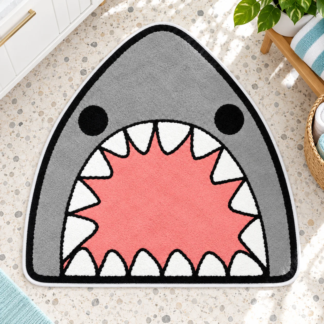 Gray Shark Open Mouth Shaped Area Rug, Funny Ocean Animal Floor Mat Soft Flannel for Bathroom, Game Room and Coastal Home Dec