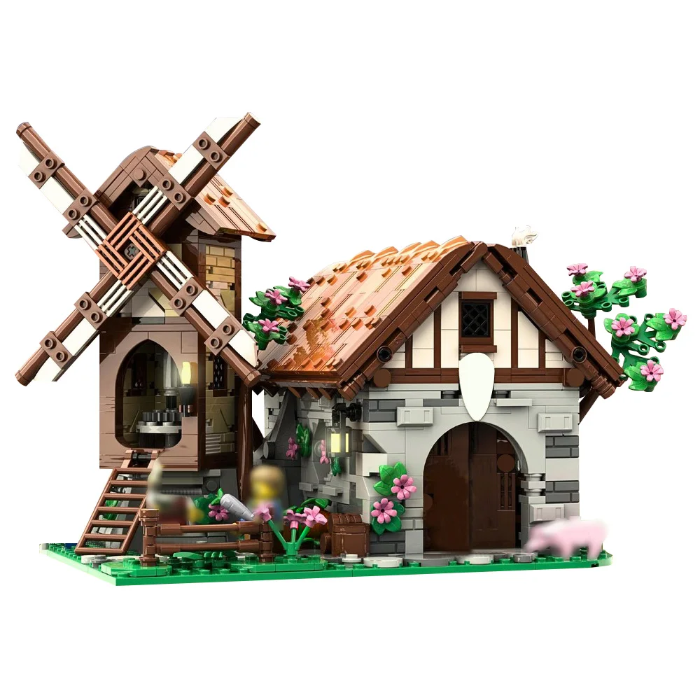 

MOC Blacksmith's Breeze Modular Building Blocks Medieval Village Windmill House Weapons Forge Architecture Brick Toy Gifts