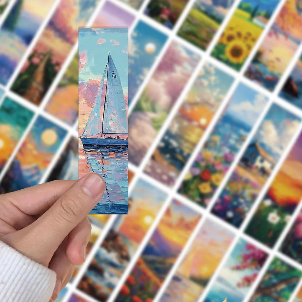 30Pcs Beautiful Romantic Sunset Flowers Grassland Oil Painting Style Art Bookmarks Paper Book Marking Page Number Card Bookmark