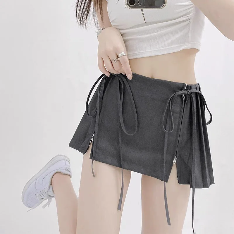 2024 Summer Skirts Women Solid Color High Waist Pleated Skirt with Inner Shorts Side Slit Pleated Hot Club Mini Skirts for Girls