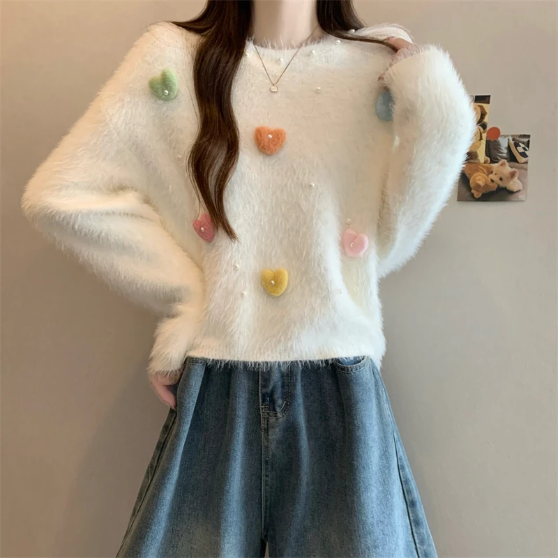 الكورية Sle ort محبوك سترة القلب القرد المنك المخملية الخريف الشتاء جديد Faion الدفء مباشرة محبوك اللون