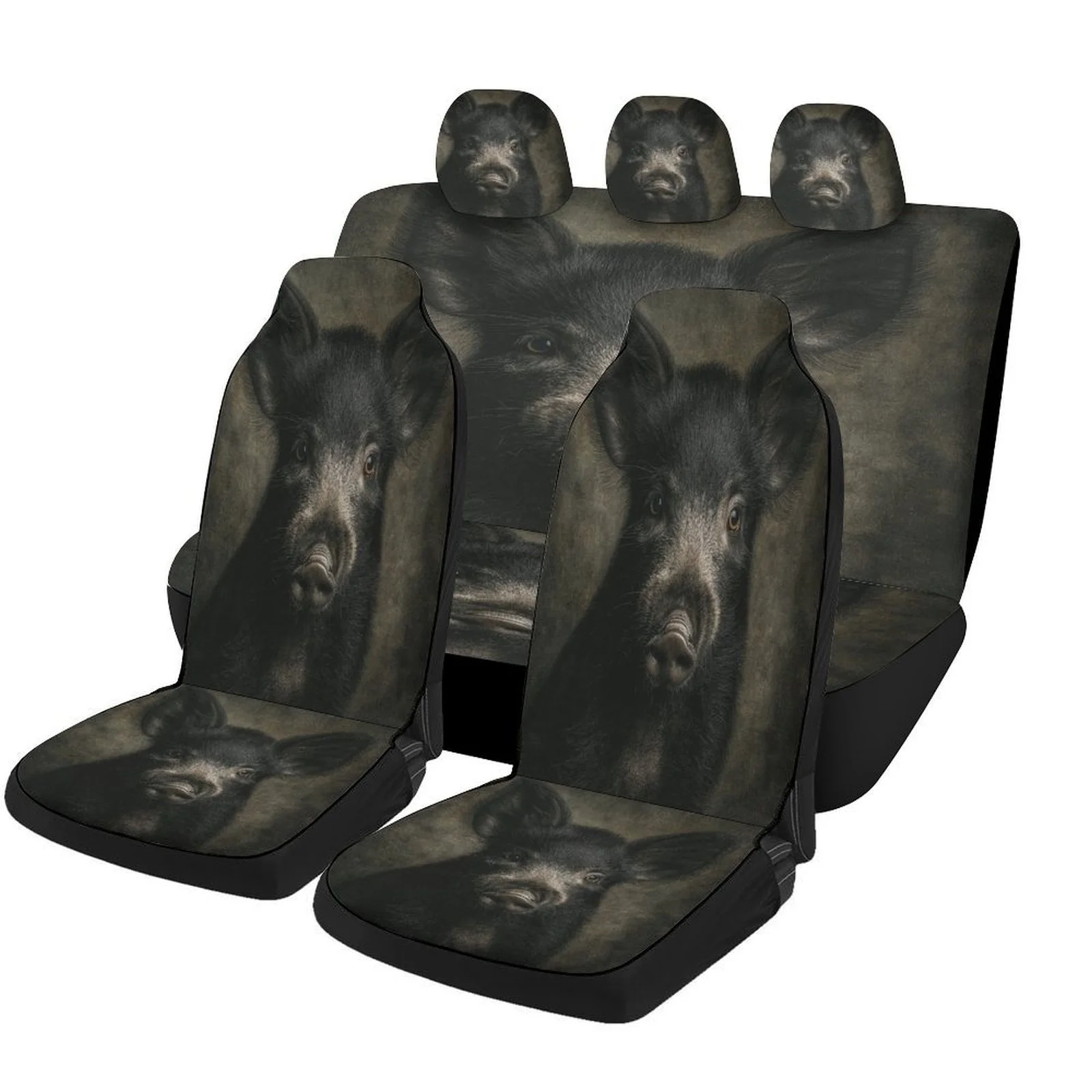 Black Pig Portrait Themed Car Seat Cover Set For Most Cars, Decorative Trendy High-quality Car Seat Protector Covers Full Set,