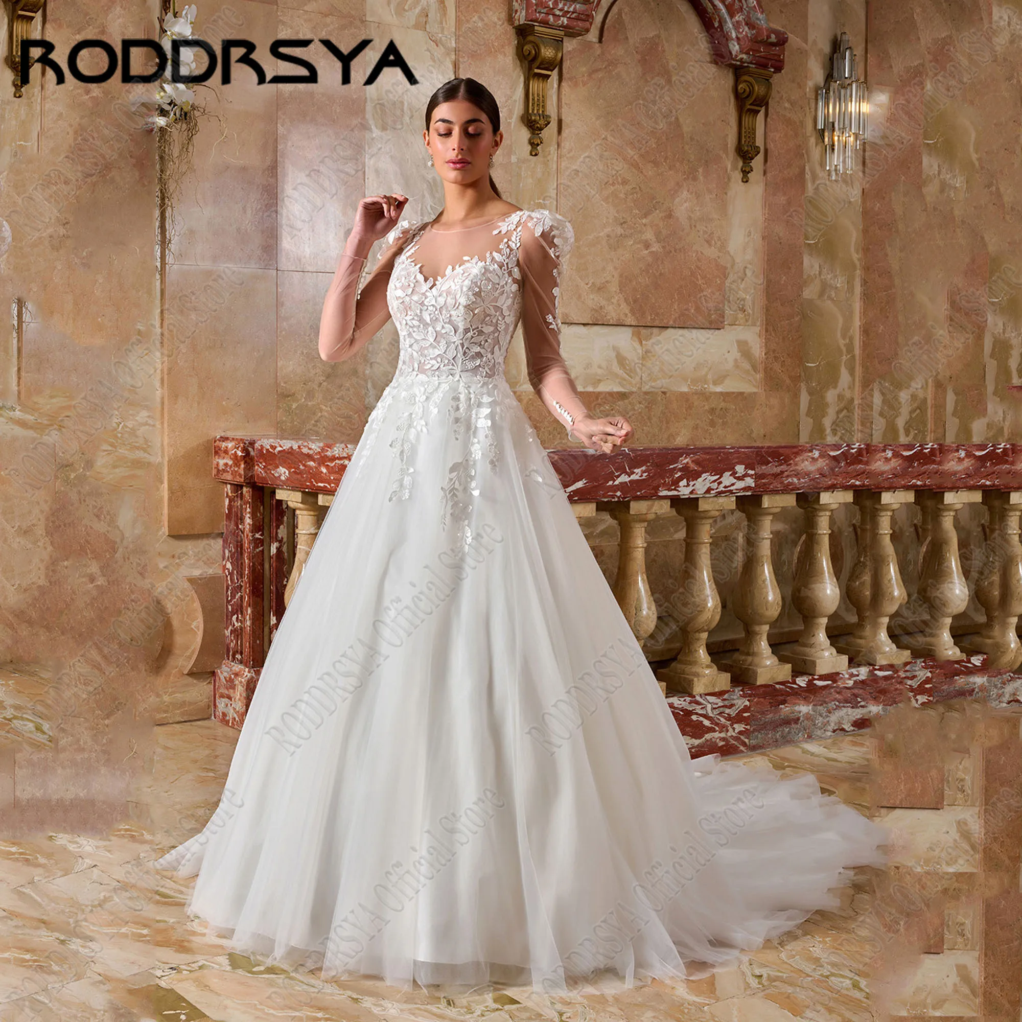 

RODDRSYA Lace O-Neck Wedding Dress Women Long Sleeves Princess Bride Gown Applique vestidos de novia A-Line Plus Size Customized