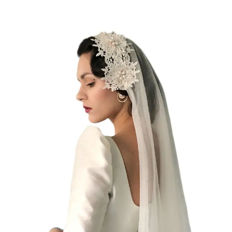 2 Tier Vintage Women Wedding Veil Floral Lace Applique Imitation Pearl Flower Bridal Veil With Fixed