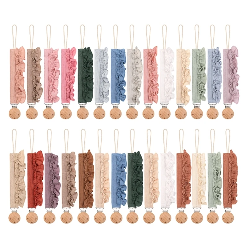 

J15U 4xPacifier Leash With Wooden Detail Strong Grip Pacifier Clip Delicate Lace Trim