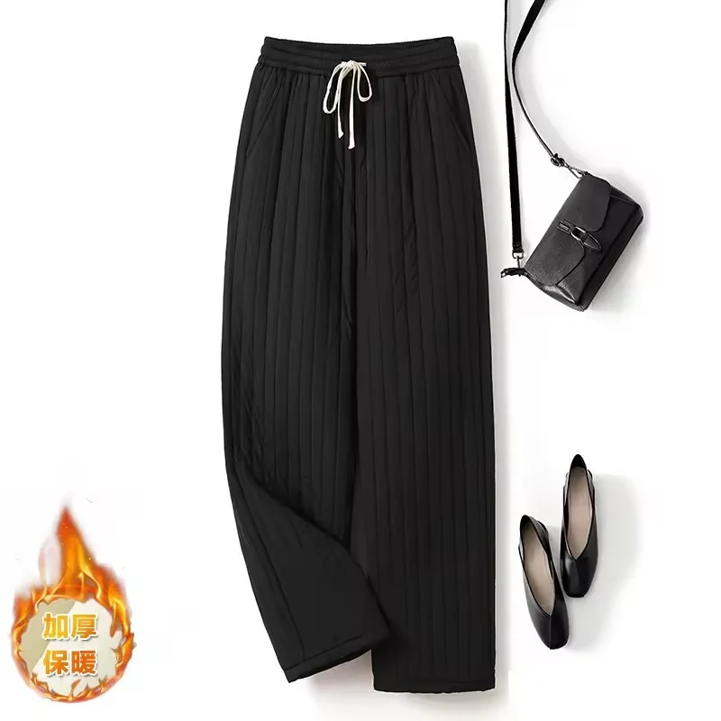 Winter New Drawstring Elastic Waist Slimming Versatile Anti Cold casual Pants Retro Clip Cotton Warm Wide Leg Pants Women's