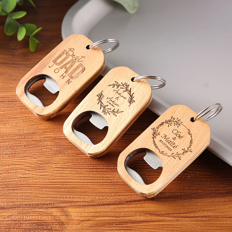 Custom Engraved wedding names Wood Opener KeyChain gift  Bottle Opener Friend Fathers Day Birthday Gift Best Man Present