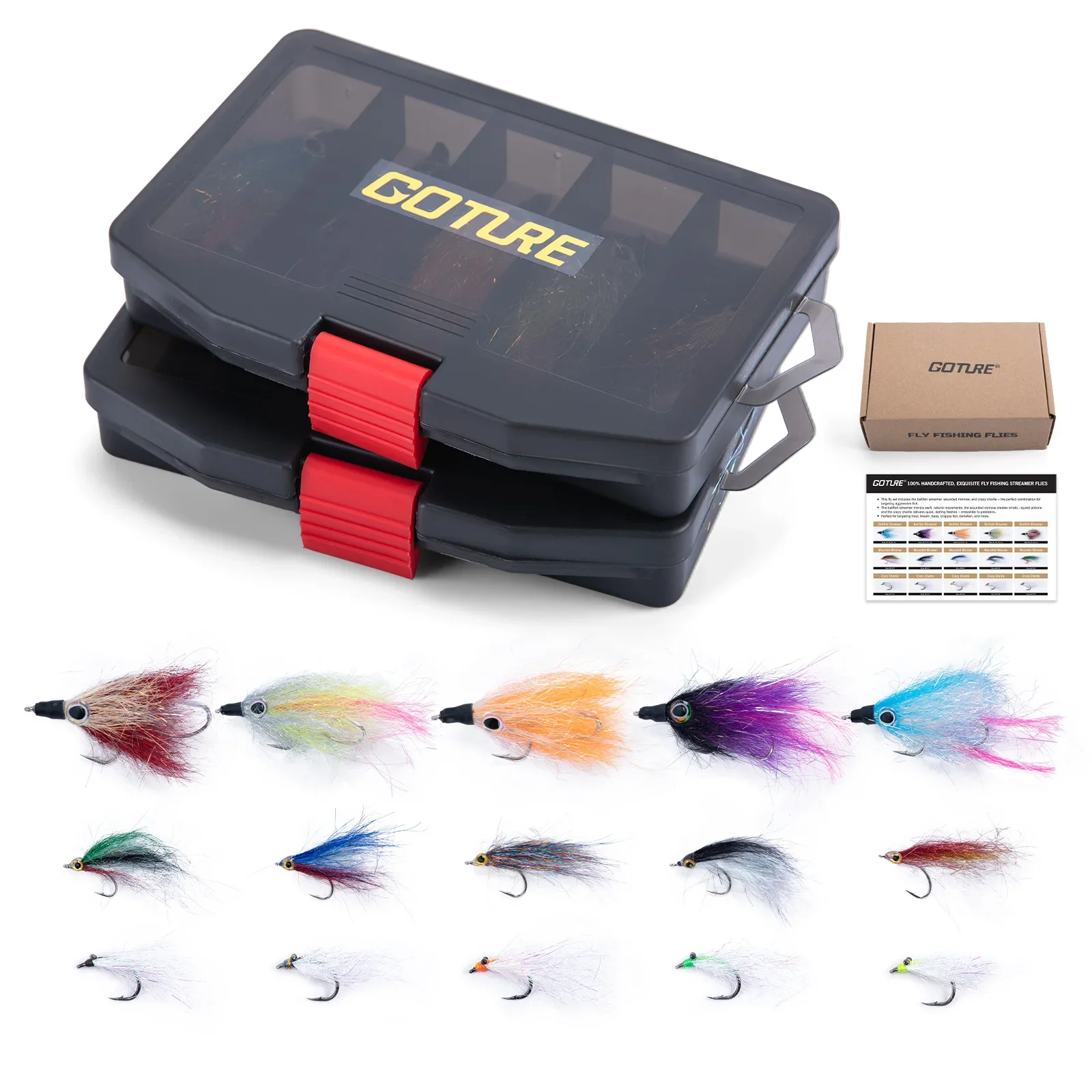 

Goture 15pcs Fly Fishing Flies with Box Dry/Wet Flies Nymphs Streamers Minnow Fly Fishing Lures for Trout Bass Fishing Tackle