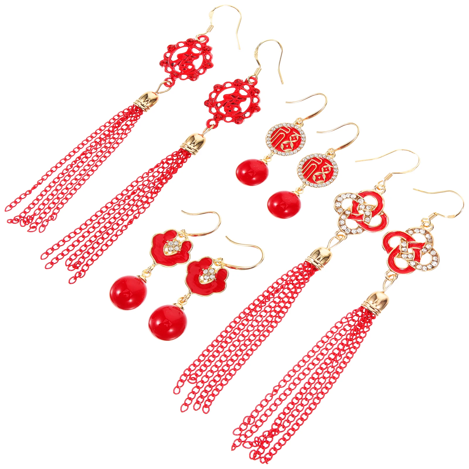 

4 Pairs New Year Earrings Chinese Style Red Pearl Tassel Dangle Women Party Gift Alloy Long Dangle Jewelry Set