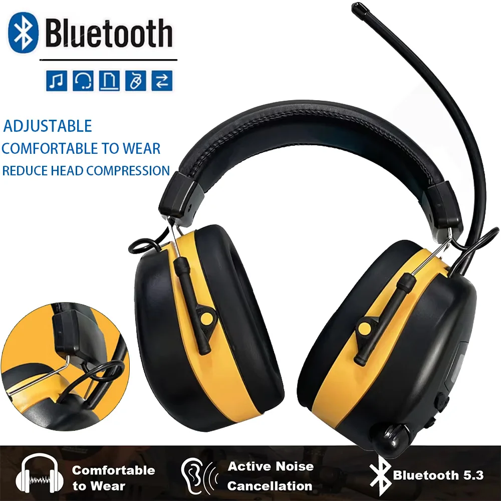 NEW Bluetooth 5.3 Hearing Protection Headphones with FM Radio 25dB NRR Noise Reduction Safety Earmuffs for Mowing Workshops