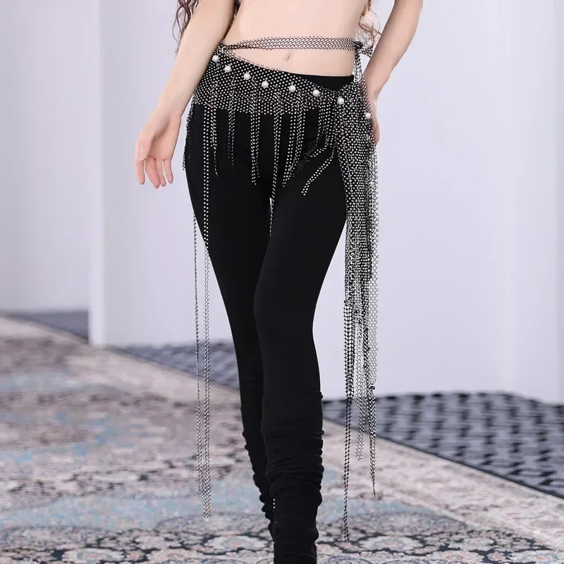 Belly Dance Triangle Mesh Diamond Hip Scarf Multi Layer Tassel Hot Drill Long Waist Chain Female Bellydance Team Practice Clothe