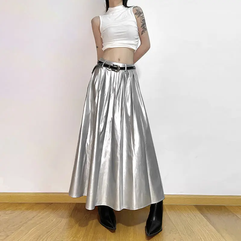 

Street Casual Solid Color Light Ripening Spring Fashion Lady Metal Silvery High Waist Appear Thin All-match Handsome Loose Skirt