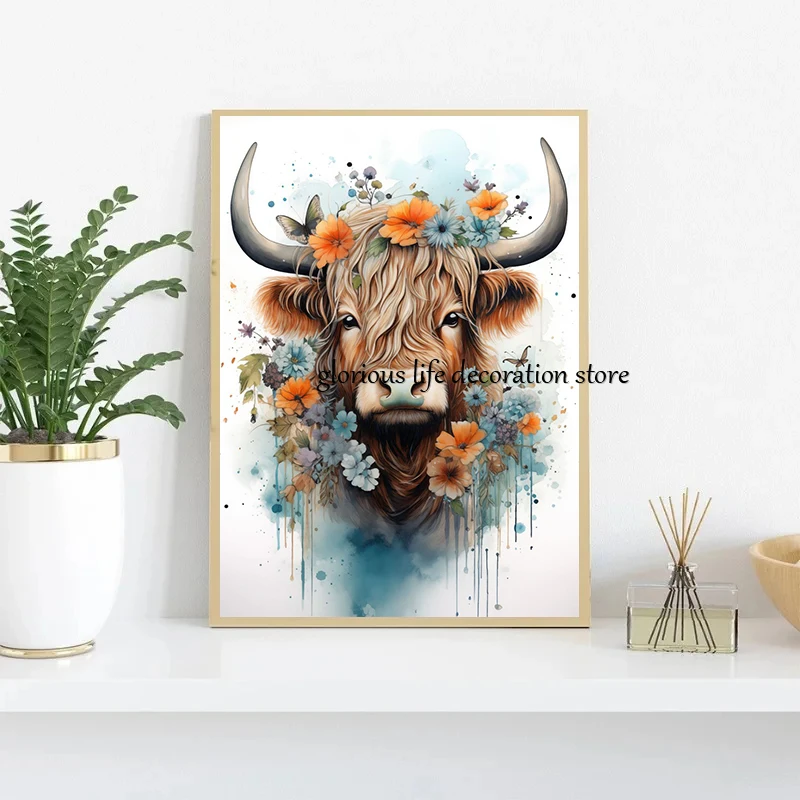 Giraffe Highland Cow Elephant Watercolor Animals Flowers Poster and Print Canvas Painting Wall Art Picture for Room Home Decor